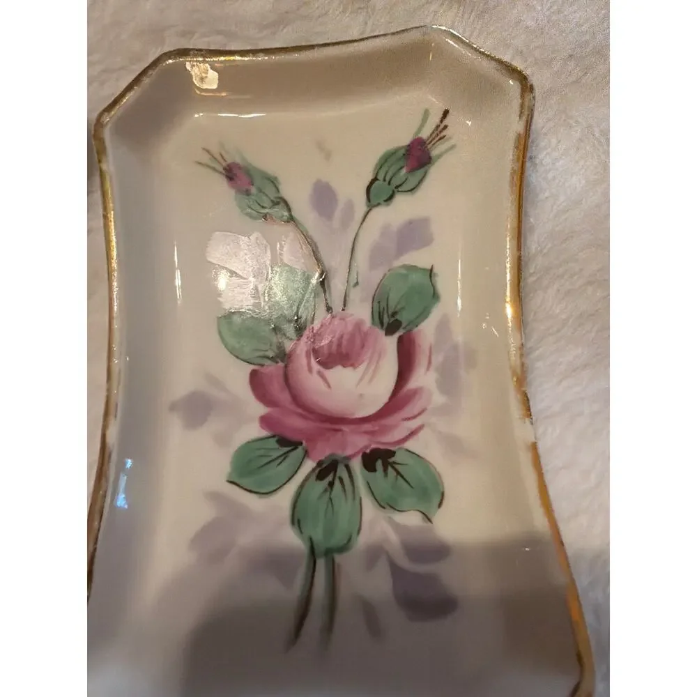 Set of 3 Vintage Weisley China Hand Painted Floral Trinket Dishes Gold Trim